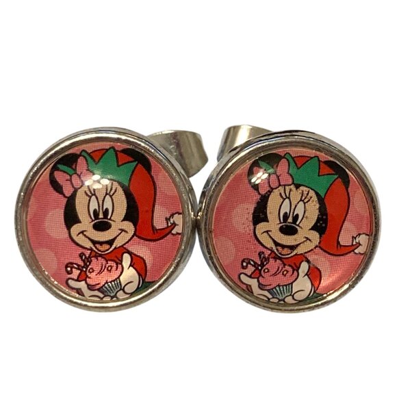 Disney Minnie Mouse Santa Christmas Earrings Silver Tone Hypoallergenic Posts - Picture 1 of 9